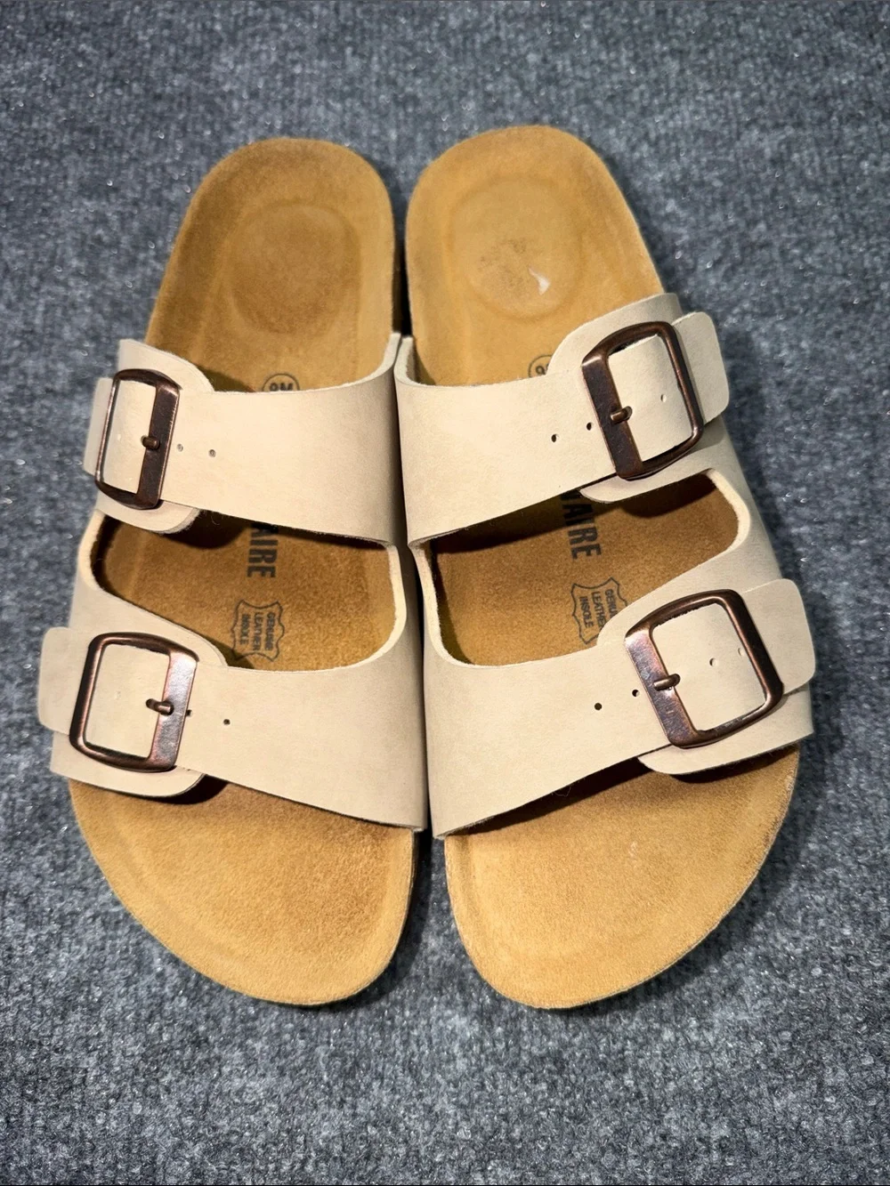 Women’s Double-Buckle Leather Slide Sandals in Beige